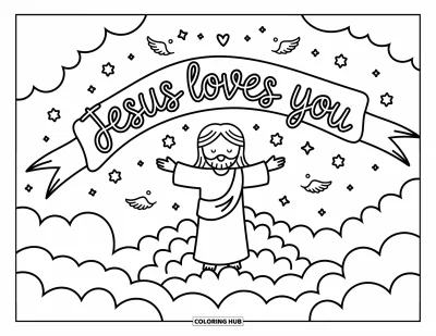 Dibujo de "Jesús te ama" para colorear para adultos: Jesús sonríe sobre nubes suaves mientras estrellas y alas de ángel flotan alrededor de Su pancarta