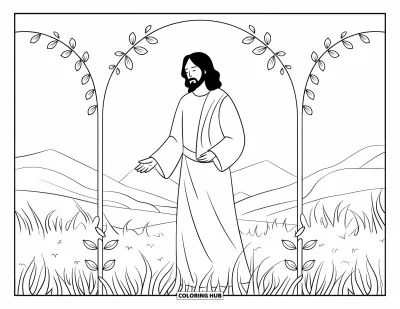 Dibujo de "Jesús te ama" para colorear para adultos: Jesús de pie con calma en un campo sereno bajo un cielo despejado y tranquilo