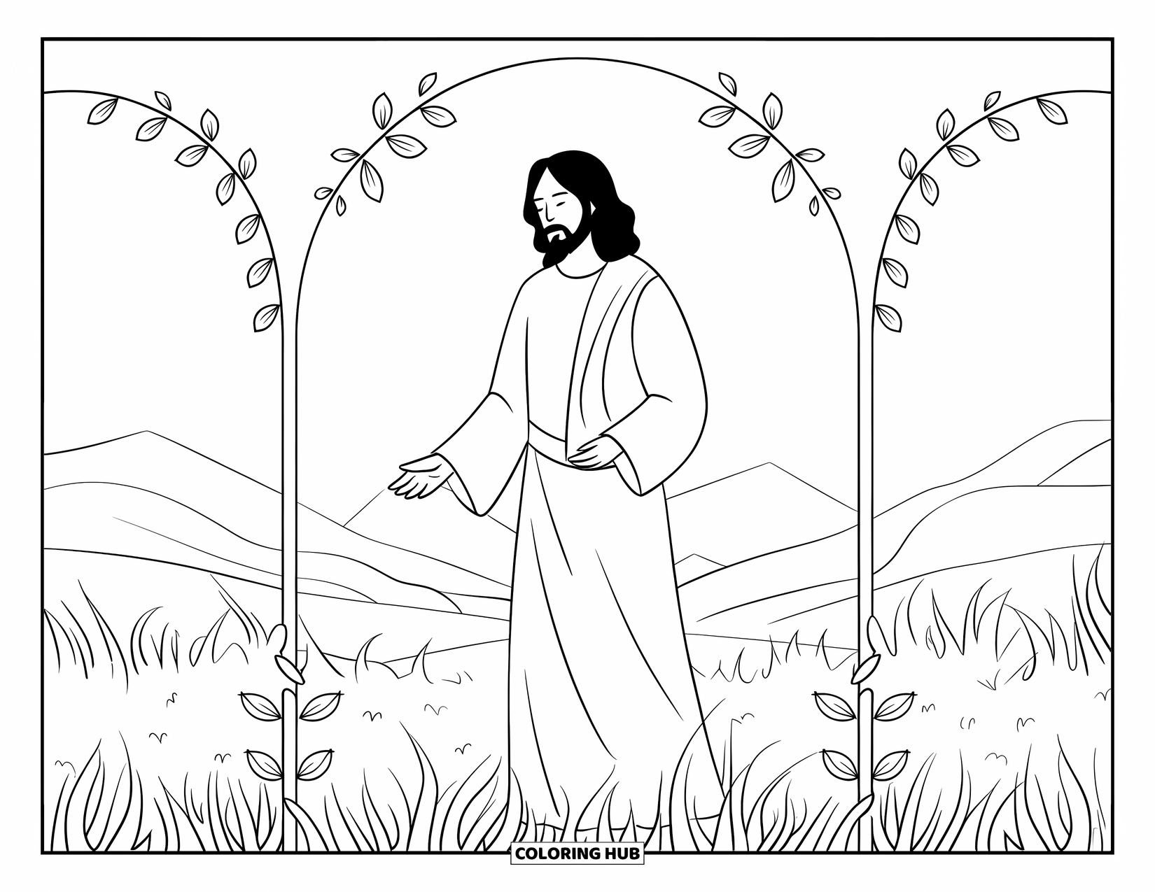 Jesus Loves You Coloring Page for Adults: Jesus stands calmly in a peaceful field beneath a clear, quiet sky
