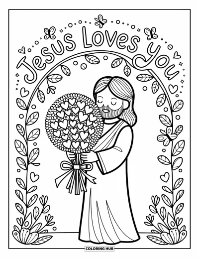 Dibujo de "Jesús te ama" para colorear para adultos: Jesús de pie con un ramo de corazones y un mensaje lleno de amor y alegría