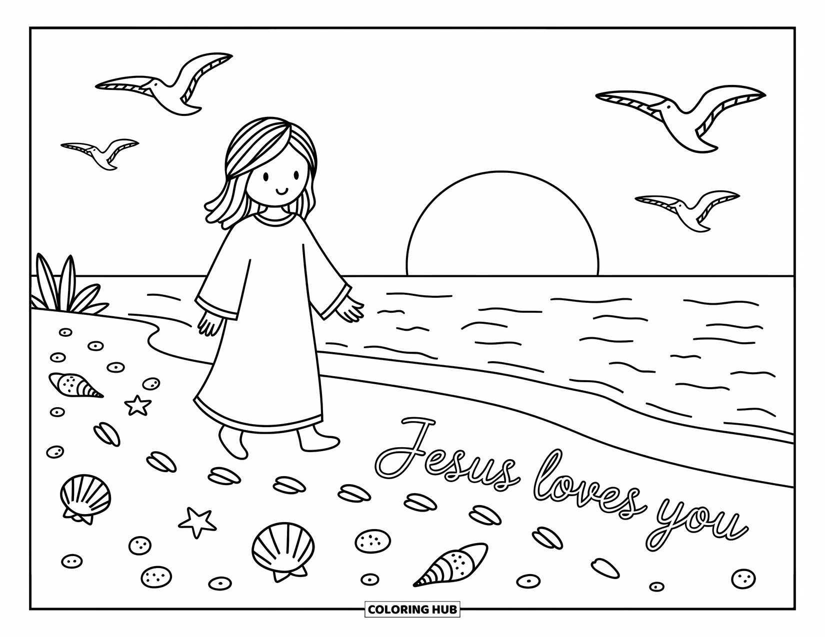 Jesus Loves You Coloring Page for Adults: Jesus strolls on peaceful sand as waves gently kiss a love-filled message