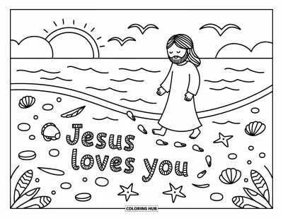 Dibujo de "Jesús te ama" para colorear para adultos: Jesús camina por la orilla con "Jesus Loves You" escrito suavemente en la arena