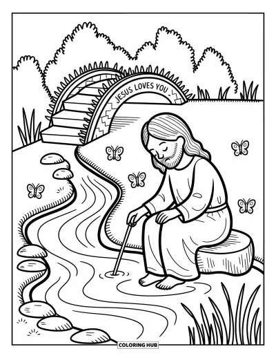 Dibujo de "Jesús te ama" para colorear para adultos: Cerca de un puente cubierto de enredaderas, Jesús disfruta del arroyo sereno con amor a su alrededor