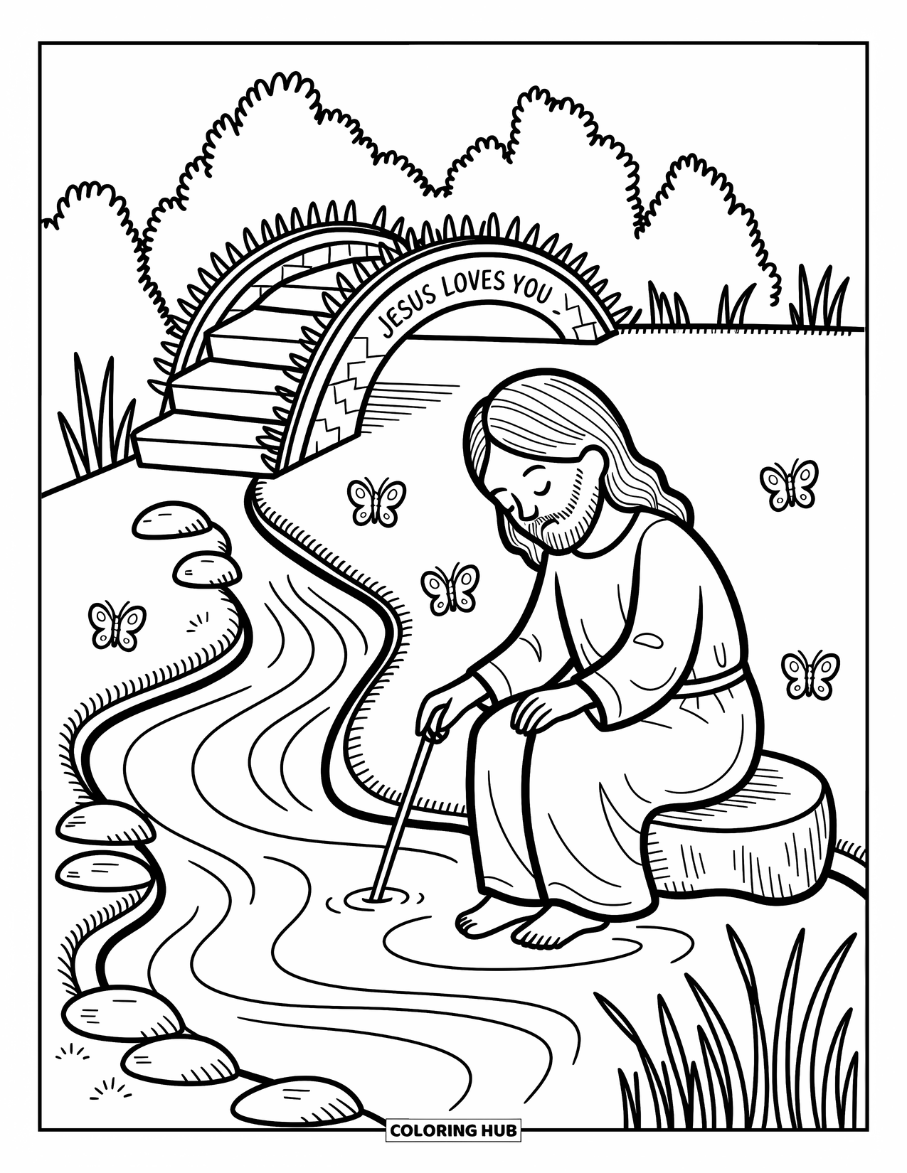 Jesus Loves You Coloring Page for Adults: Near a vine-covered bridge, Jesus enjoys the quiet stream with love all around
