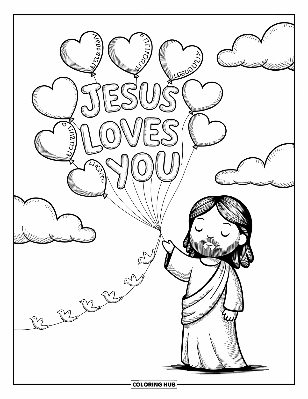 Jesus Loves You Coloring Page for Adults: Soft clouds and birds surround Jesus as balloons spell out a message from the heart