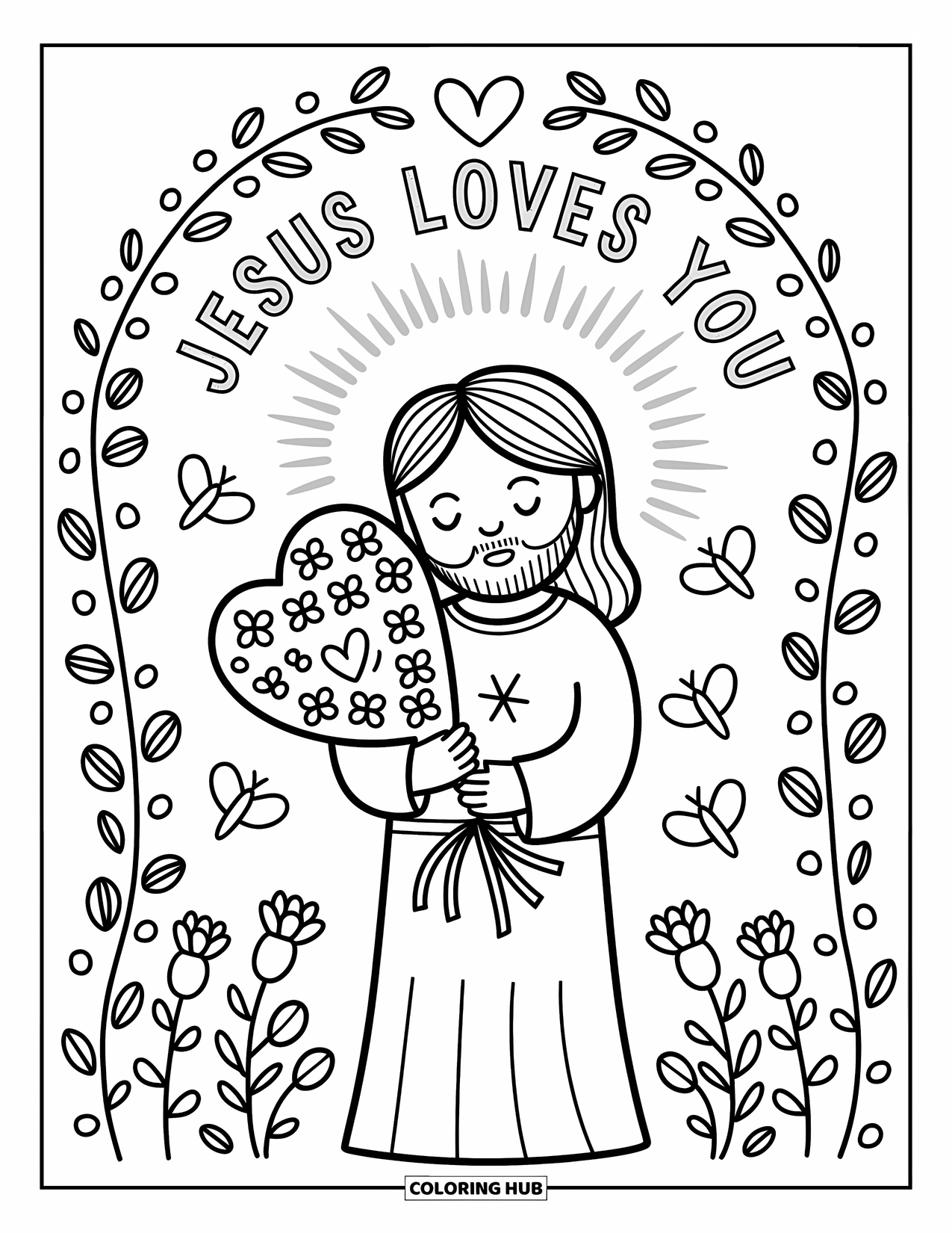 Jesus Loves You Coloring Page for Adults: Surrounded by flowers and vines, Jesus shares a bright message of love
