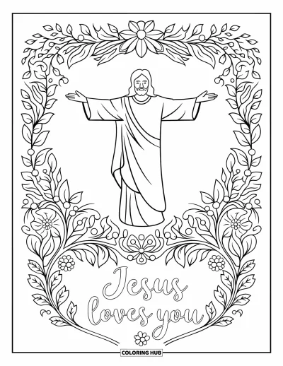Dibujo de "Jesús te ama" para colorear para adultos: Con los brazos abiertos, Jesús de pie en una mandala de patrones florales y hojas en flor
