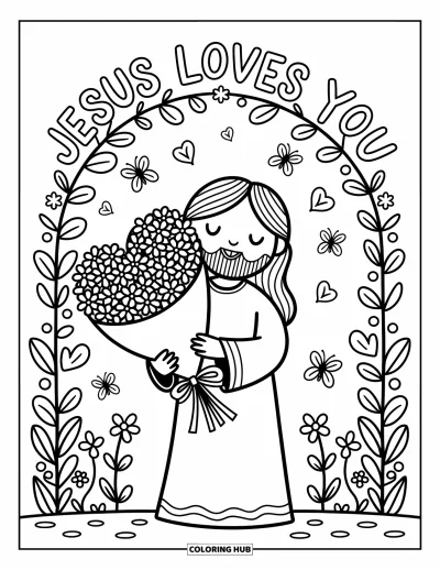 Dibujo de "Jesús te ama" para colorear para adultos: Con mariposas cerca, Jesús presenta flores en forma de corazón y un dulce mensaje arriba