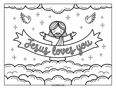 Dibujo de "Jesús te ama" para colorear para adultos: Con nubes y destellos a su alrededor, Jesús sostiene un mensaje de amor en el cielo