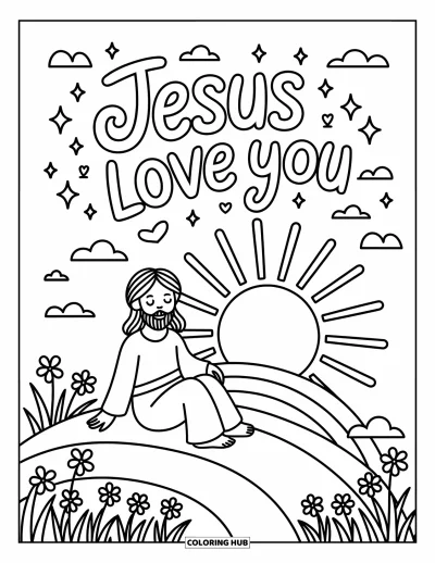 Dibujo de "Jesús te ama" para colorear para adultos: Con rayos de sol y pájaros sobre él, Jesús sentado en una colina compartiendo Su amor