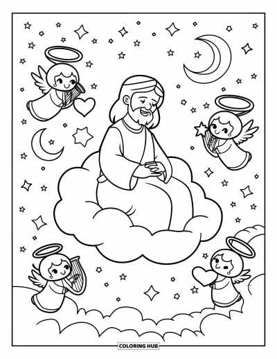 Dibujo de "Jesús te ama" para colorear para niños: Un Jesús alegre sentado en una nube mientras ángeles flotan con corazones, estrellas y arpas