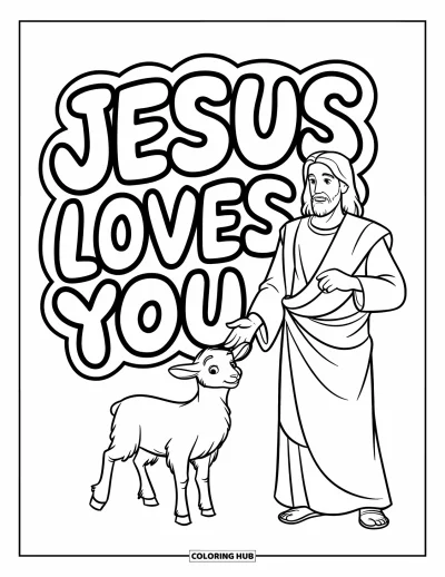 Dibujo de "Jesús te ama" para colorear para niños: Un cordero tranquilo junto a Jesús bajo un mensaje de amor en letras grandes y redondeadas