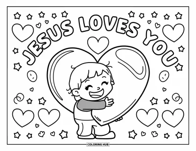 Dibujo de "Jesús te ama" para colorear para niños: Una escena sencilla muestra a un niño sonriente abrazando un corazón bajo un mensaje alegre