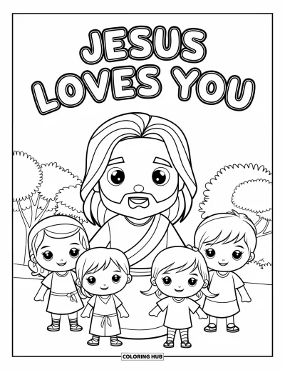 Dibujo de "Jesús te ama" para colorear para niños: Un grupo sonriente reunido alrededor de Jesús bajo los árboles con "Jesus Loves You" sobre ellos