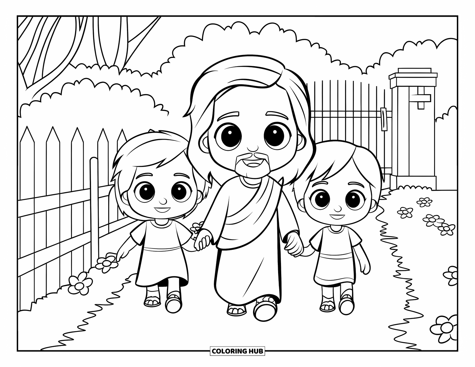 Jesus Loves You Coloring Page for Kids: Chibi Jesus and two kids walk together on a garden trail lined with flowers