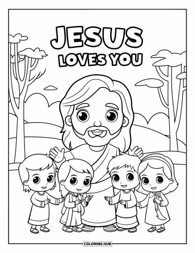 Dibujo de "Jesús te ama" para colorear para niños: Jesús chibi de pie con cuatro niños sonrientes bajo los árboles y las palabras "Jesus Loves You"