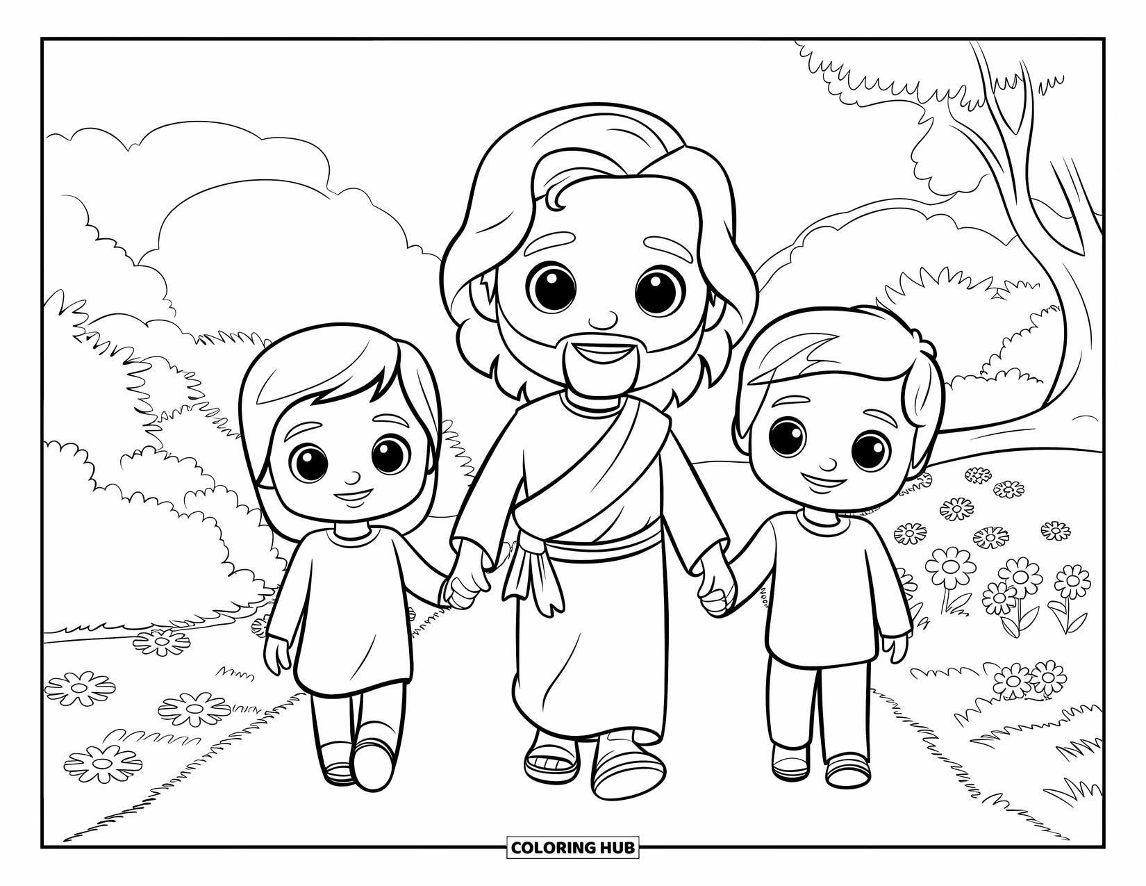 Jesus Loves You Coloring Page for Kids: Chibi Jesus walks a garden path holding hands with two happy kids