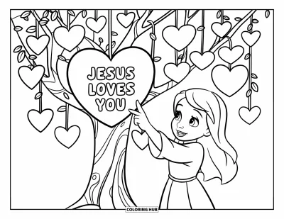 Dibujo de "Jesús te ama" para colorear para niños: Corazones cuelgan de un árbol mientras un niño sonríe y señala uno especial para Jesús