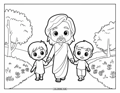 Dibujo de "Jesús te ama" para colorear para niños: En un jardín animado, Jesús y los niños pasean felices entre árboles y flores