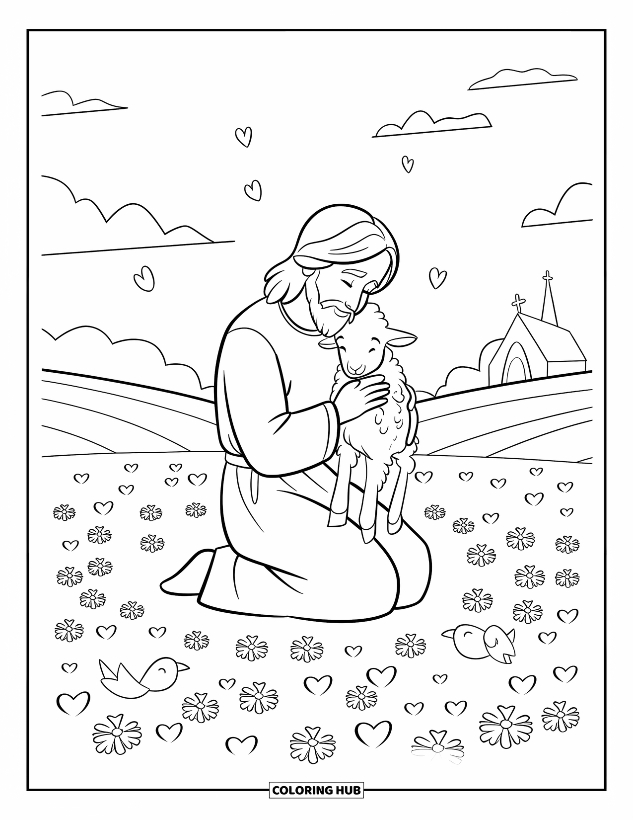 Jesus Loves You Coloring Page for Kids: In a peaceful field, Jesus embraces a lamb with soft birds and a chapel in view