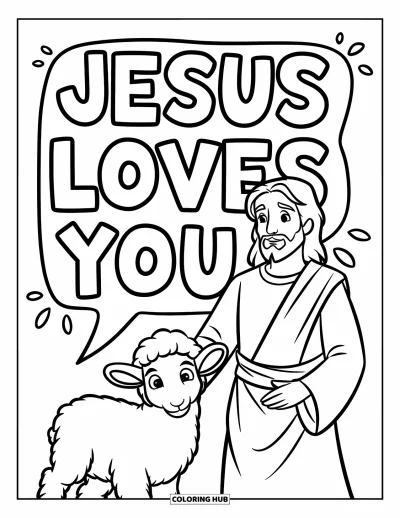 Dibujo de "Jesús te ama" para colorear para niños: Jesús y un adorable cordero juntos con corazones y palabras amables flotando sobre ellos
