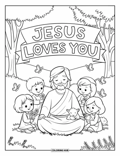 Dibujo de "Jesús te ama" para colorear para niños: Jesús y los niños descansan bajo árboles y mariposas con una pancarta que dice "Jesus Loves You"