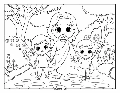 Dibujo de "Jesús te ama" para colorear para niños: Jesús y dos niños caminan de la mano por un sendero lleno de flores rodeado de árboles
