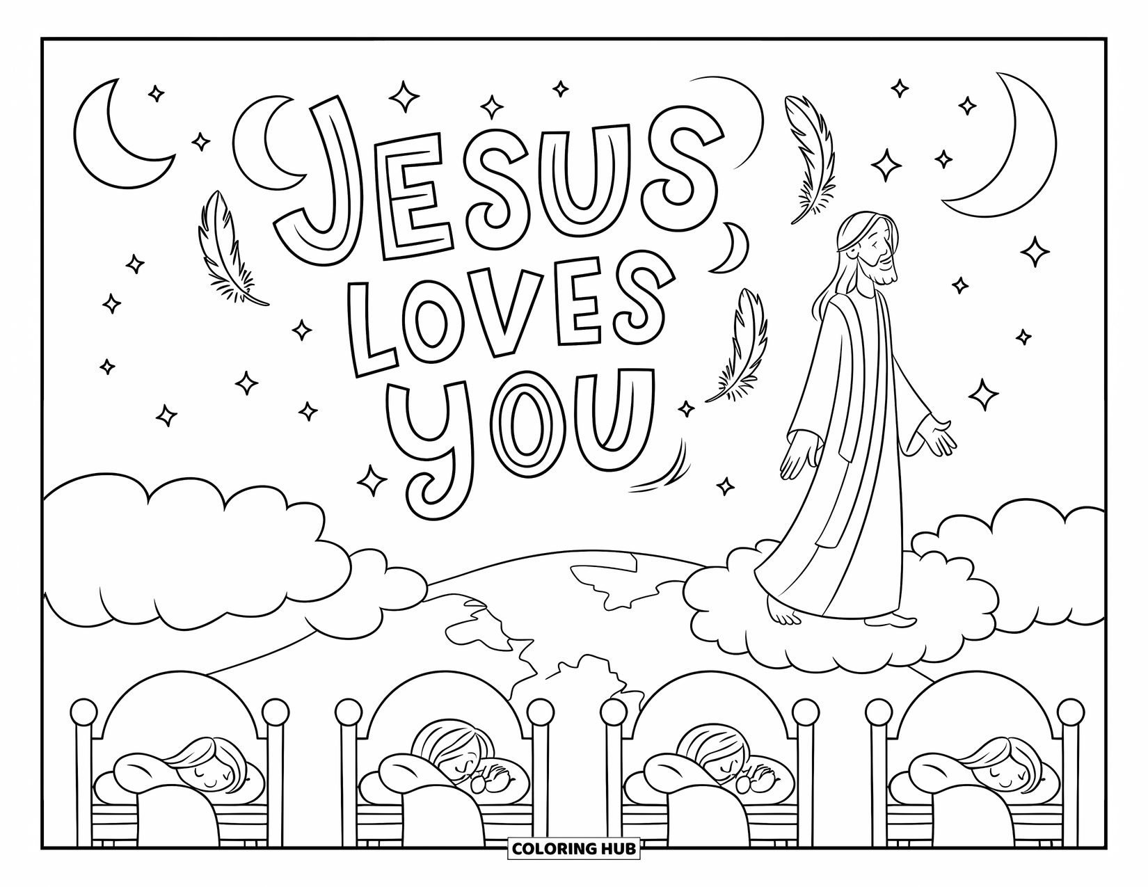 Jesus Loves You Coloring Page for Kids: Jesus gently walks above the Earth on clouds while stars and love fill the sky