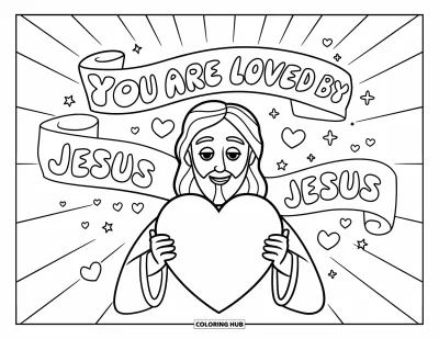 Dibujo de "Jesús te ama" para colorear para niños: Jesús sostiene un corazón con una sonrisa cálida rodeado de estrellas, corazones y un mensaje de amor