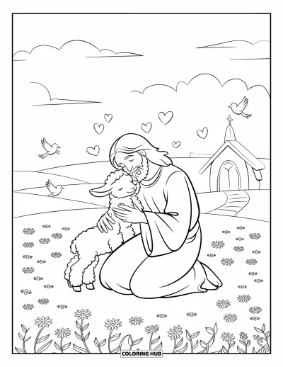 Dibujo de "Jesús te ama" para colorear para niños: Jesús sostiene a un cordero en un prado tranquilo mientras corazones y pájaros flotan suavemente alrededor