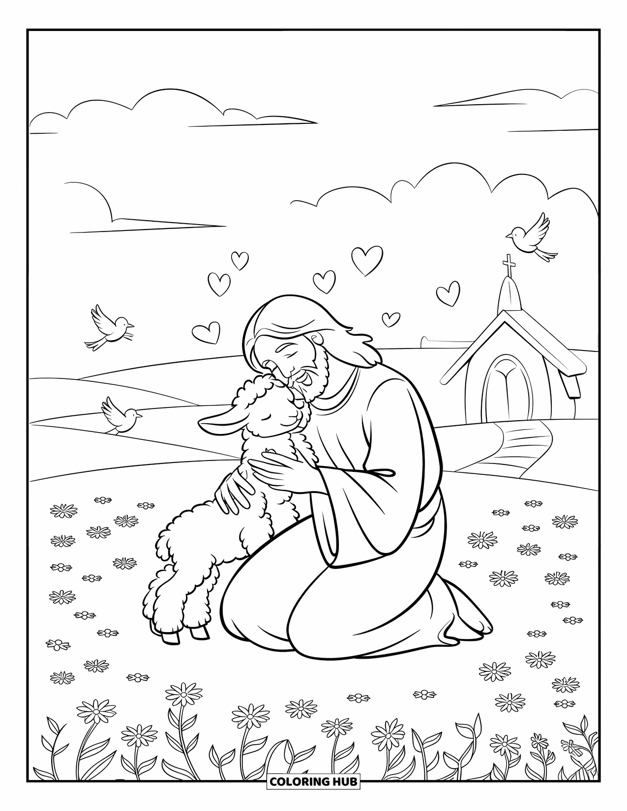 Jesus Loves You Coloring Page for Kids: Jesus holds a lamb in a quiet meadow as hearts and birds float gently around