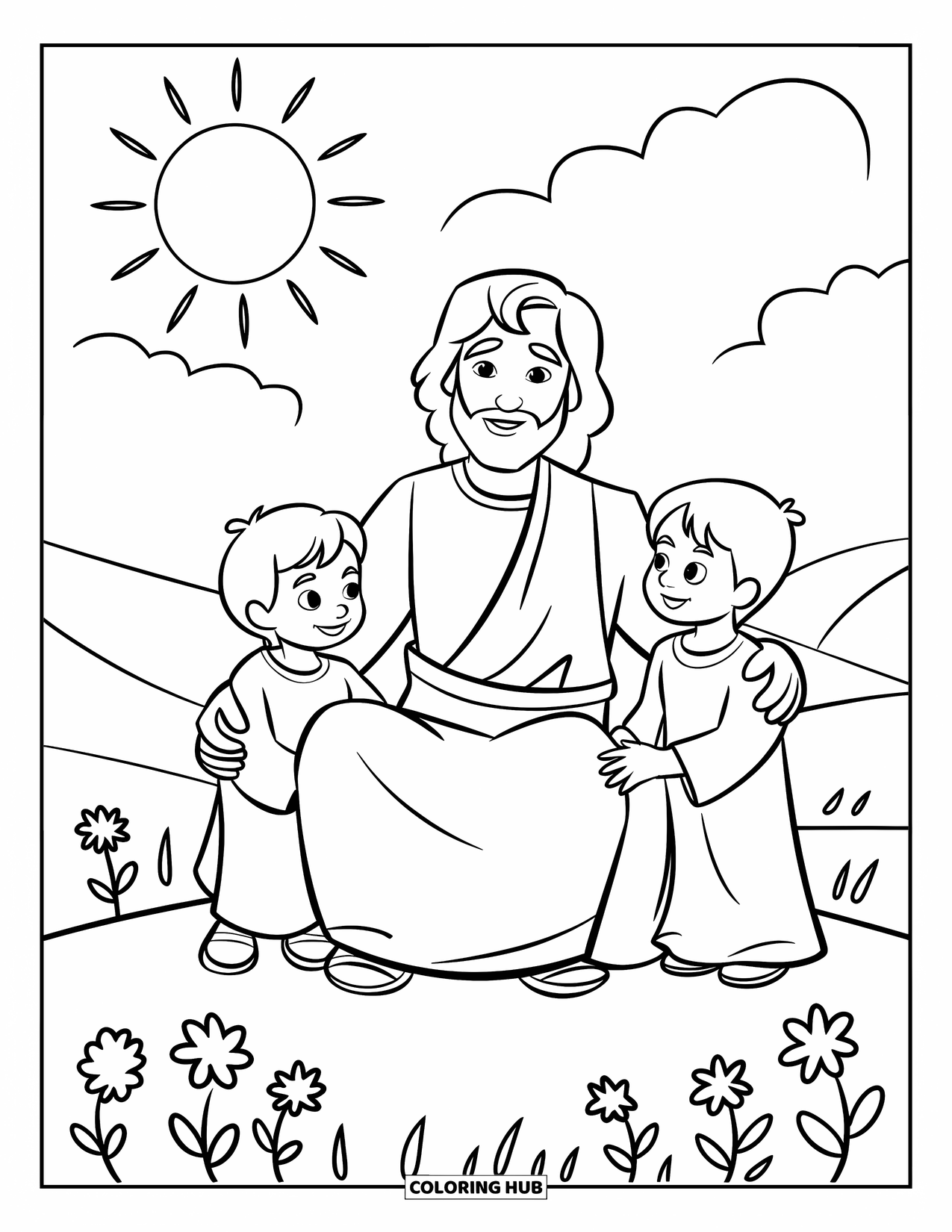 Jesus Loves You Coloring Page for Kids: Jesus sits on a hill with two kids and the sun smiling down on them