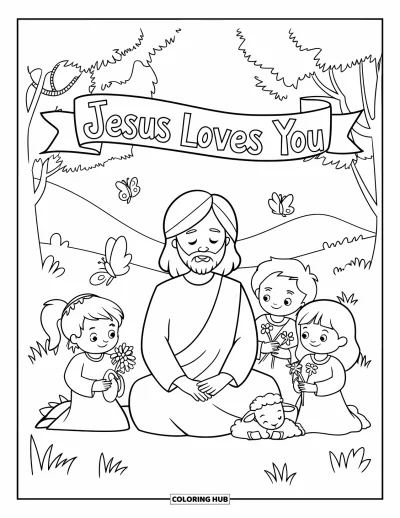Dibujo de "Jesús te ama" para colorear para niños: Jesús sentado en el pasto rodeado de niños y animales bajo una pancarta de amor
