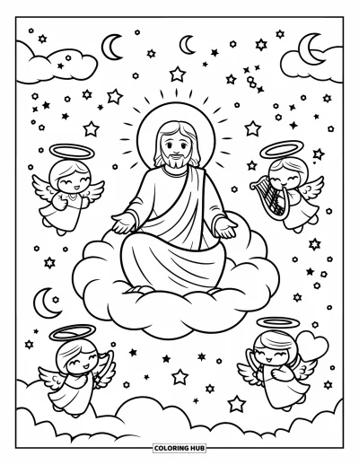 Dibujo de "Jesús te ama" para colorear para niños: Jesús sonríe desde su trono de nubes mientras los ángeles flotan cerca con mensajes de amor
