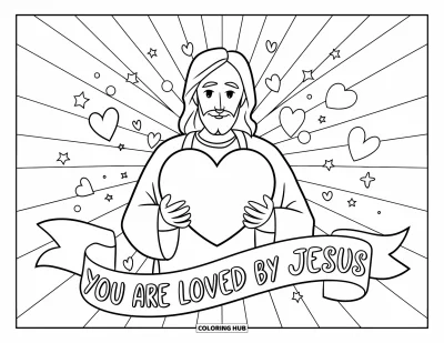 Dibujo de "Jesús te ama" para colorear para niños: Jesús sonríe con ternura sosteniendo un gran corazón mientras estrellas, cruces y corazones bailan a su alrededor