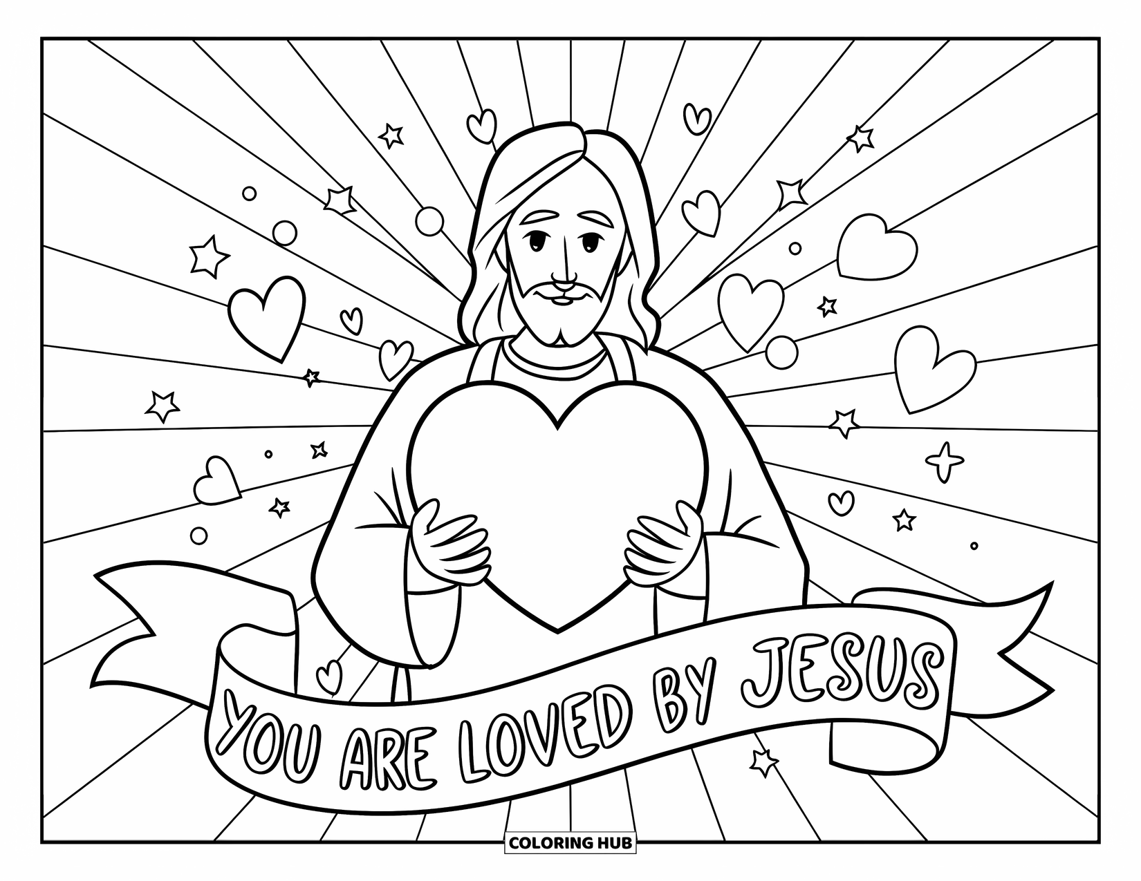 Jesus Loves You Coloring Page for Kids: Jesus smiles warmly, holding a big heart as stars, crosses, and hearts dance around him