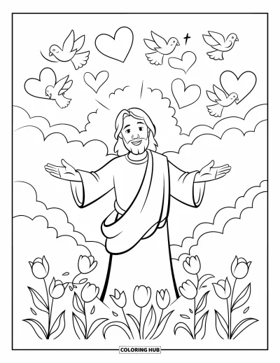 Dibujo de "Jesús te ama" para colorear para niños: Jesús de pie entre las nubes con los brazos abiertos, rodeado de palomas y flores en flor