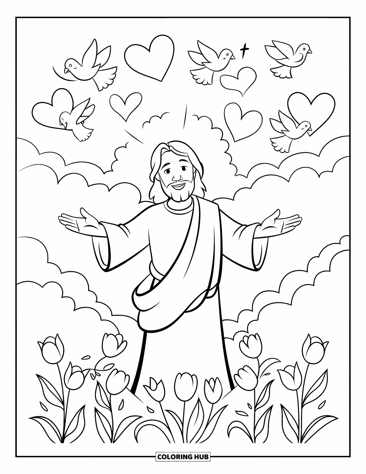 Jesus Loves You Coloring Page for Kids: Jesus stands in clouds with arms wide open, surrounded by doves and blooming flowers