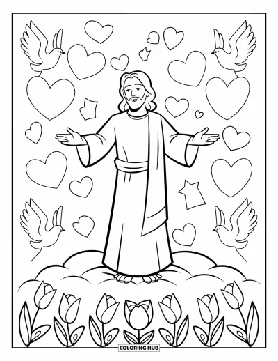 Dibujo de "Jesús te ama" para colorear para niños: Jesús de pie en una nube esponjosa con los brazos abiertos mientras florecen tulipanes y corazones llenan el cielo