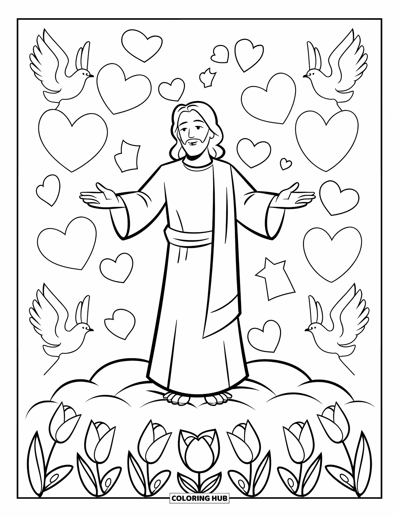 Jesus Loves You Coloring Page for Kids: Jesus stands on a fluffy cloud, arms wide, as tulips bloom and hearts fill the sky