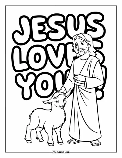 Dibujo de "Jesús te ama" para colorear para niños: Jesús de pie junto a un cordero gentil mientras las palabras "Jesus Loves You" llenan el aire