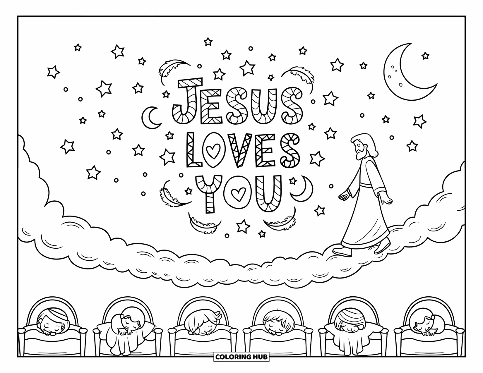 Jesus Loves You Coloring Page for Kids: Jesus walks on clouds while children sleep peacefully below and stars twinkle above