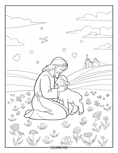 Dibujo de "Jesús te ama" para colorear para niños: Rodeado de flores, Jesús abraza a un cordero en un campo tranquilo con nubes y una capilla
