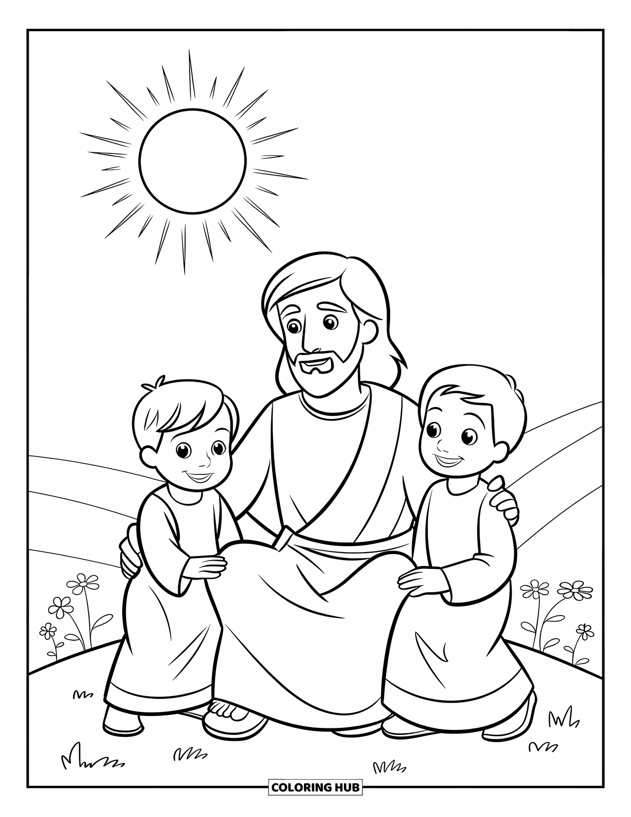Jesus Loves You Coloring Page for Kids: Two happy kids sit beside Jesus on a flower-covered hill with sunshine overhead