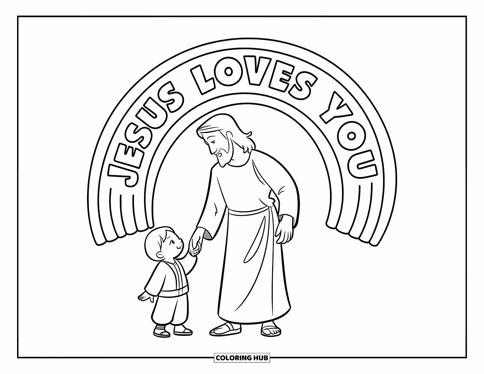 Jesus Loves You Coloring Page for Kids: Under a bright rainbow, Jesus walks beside a child with love written in the sky
