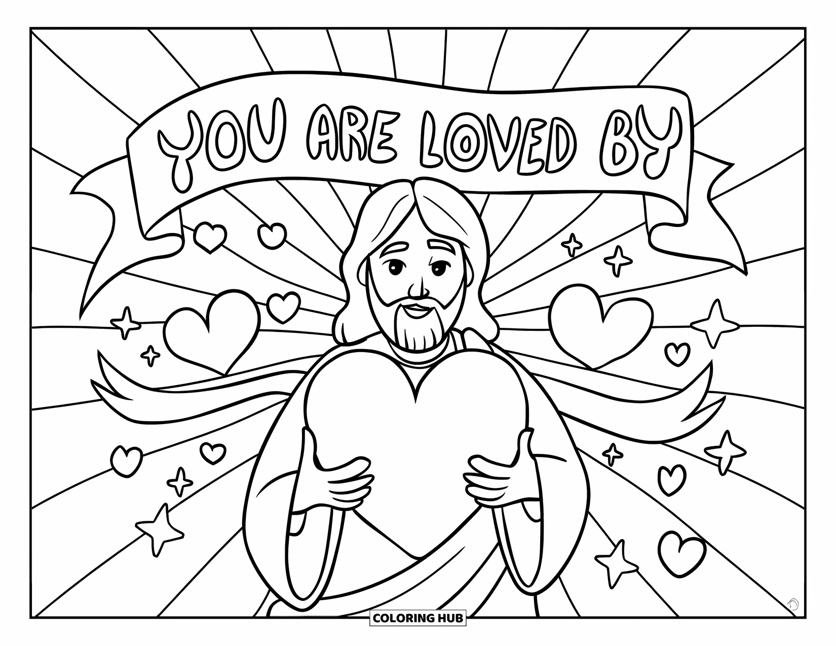 Jesus Loves You Coloring Page for Kids: With a kind face, Jesus holds a heart as stars and crosses float around him