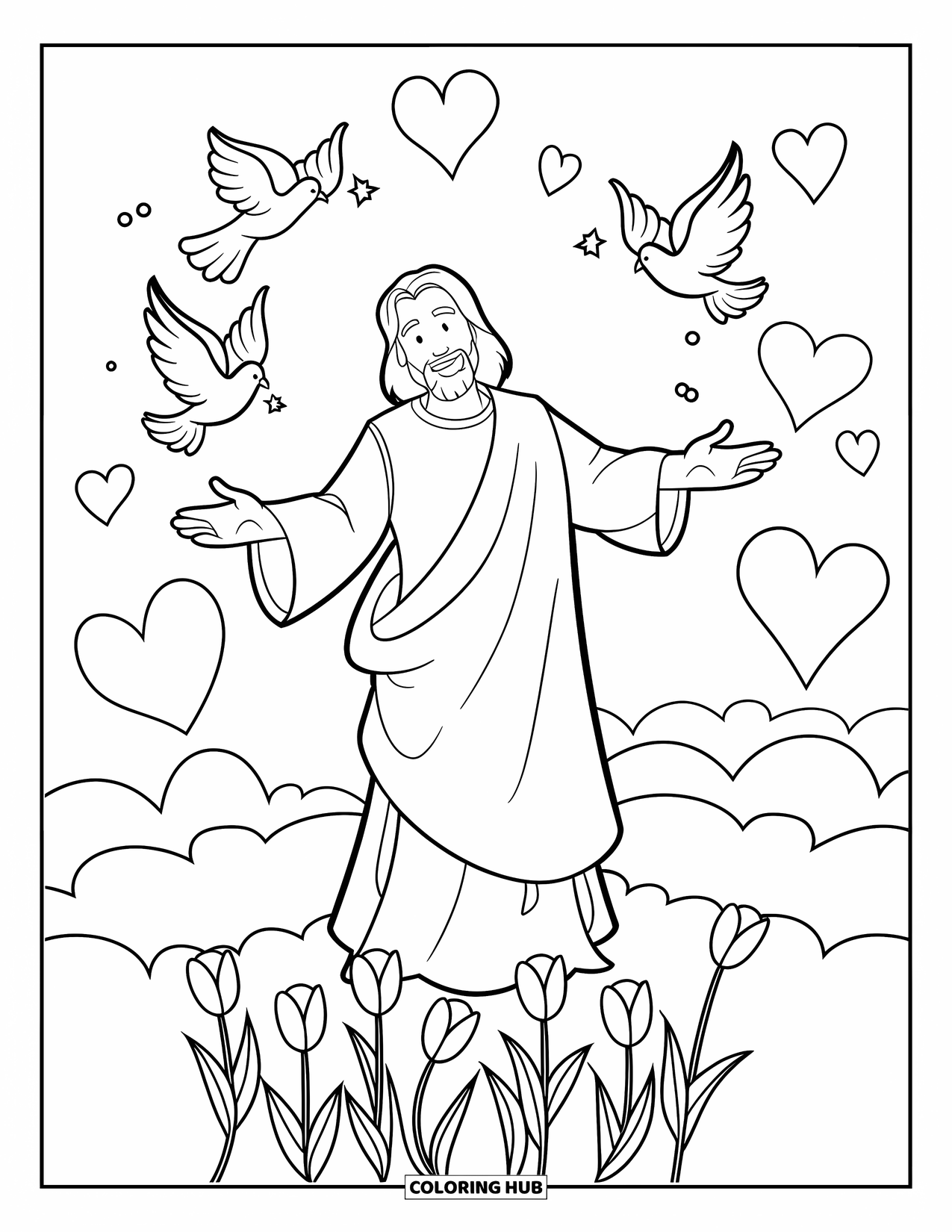 Jesus Loves You Coloring Page for Kids: With a smile and open arms, Jesus stands on a cloud framed by hearts and doves