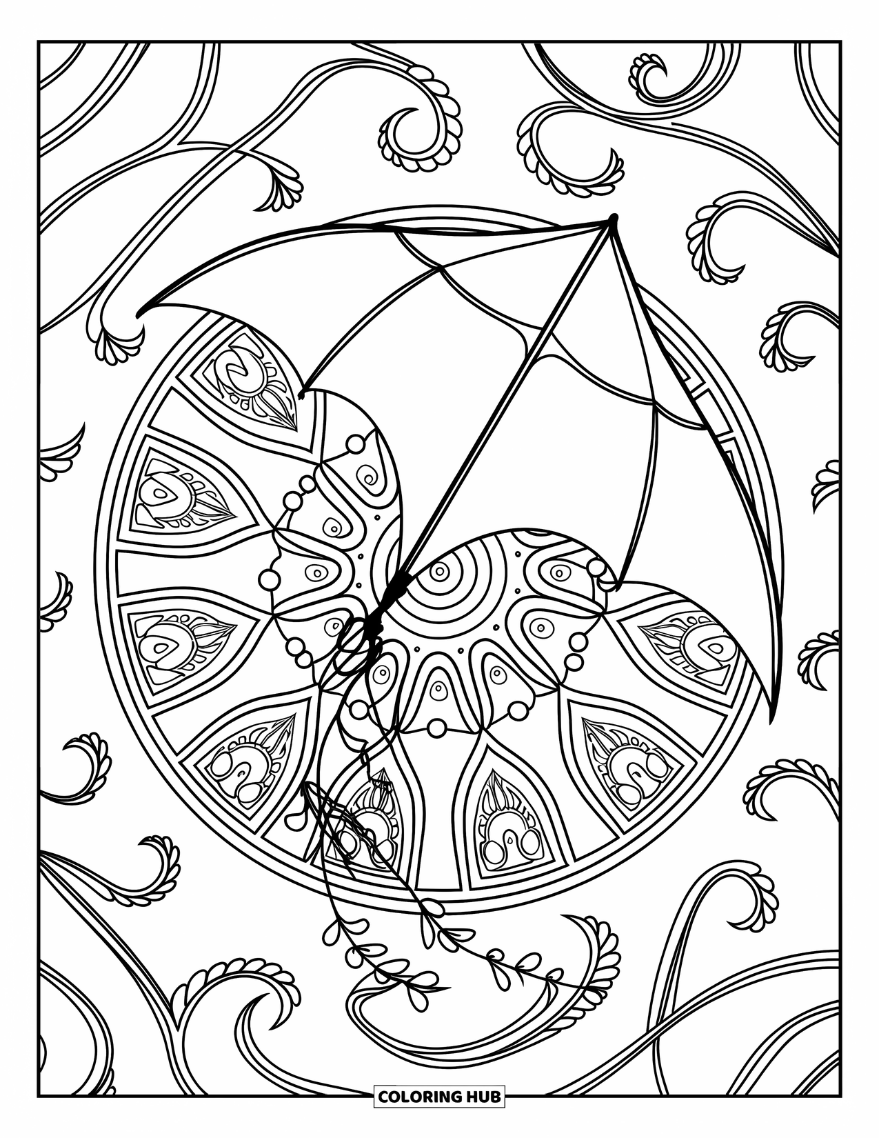 Kite Coloring Page for Adults: A detailed gothic mandala framing a batwing kite with a long tail