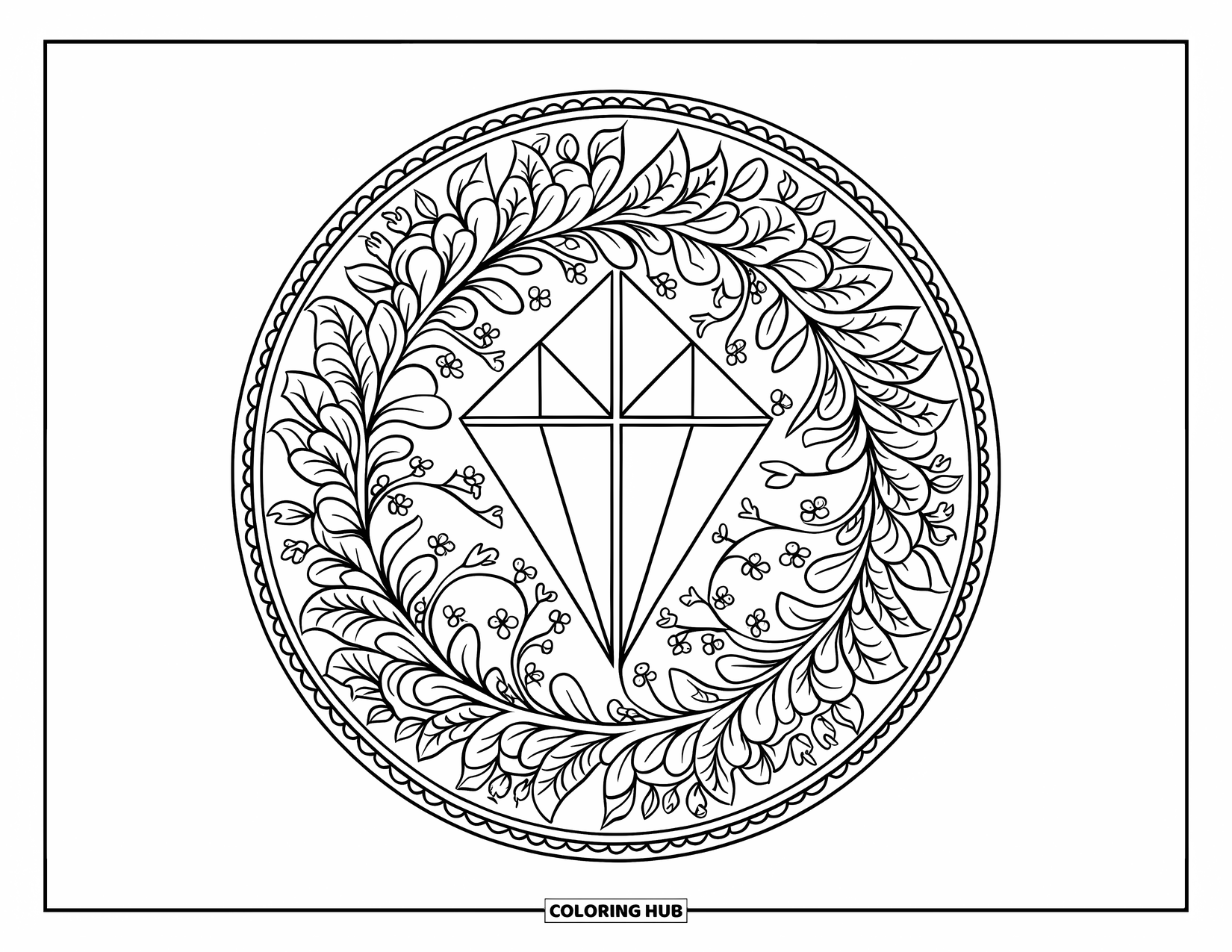 Kite Coloring Page for Adults: A diamond kite centered in a floral mandala of leaves and vines