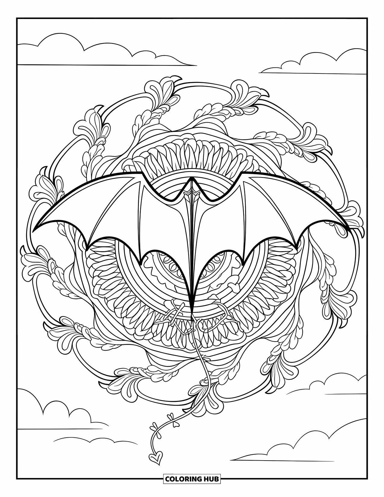 Kite Coloring Page for Adults: A gothic-style kite with brambles and curling leaves in the background